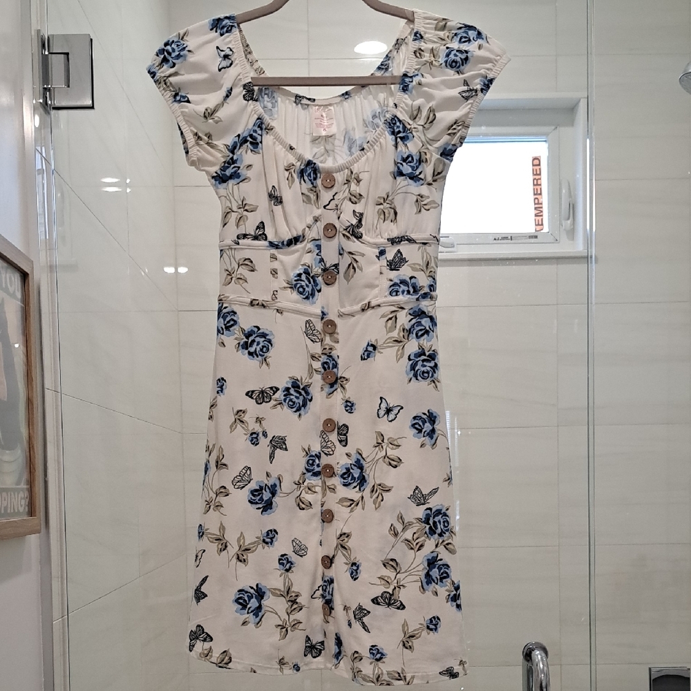 No Boundaries White and Blue Floral Mini Dress